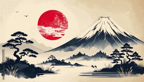 富士山 太陽 浮世絵 和風 伝統 日本 縁起物 墨絵 松 日の出 正月 荘厳 静寂 芸術 朱色 黄金色 山岳 信仰 侘び寂び 郷愁