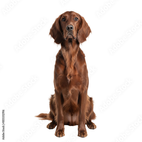 Cute Irish Setter dog sitting on white background looking curiously