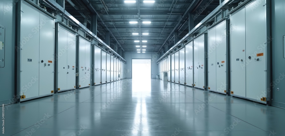 Obraz premium Modern clean industrial warehouse interior with rows of white storage units under bright LED lights. A bright open doorway creates a focal point at the end of the long hallway.