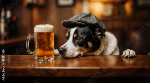 A dog wearing a cap is leaning on a wooden counter next to a glass mug filled with beer. The background suggests a cozy bar atmosphere.