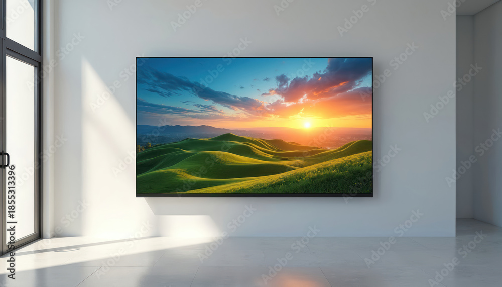 Fototapeta premium Large screen television displays beautiful sunset over green rolling hills and cloudy sky. Modern tech device mounted on white wall in bright minimalist room. Next gen display for home entertainment.