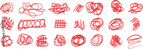 Collection of messy red hand drawn scribble marks representing chaotic ideas or mistakes on a white background canvas.