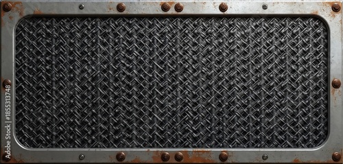 Worn metal grate panel background texture with rusty bolts. Industrial background design for construction or sci-fi themes. Seamless pattern.