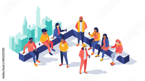 Urban youth in isometric style gathering in modern city setting