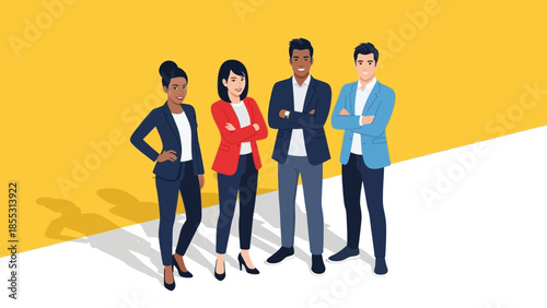 Diverse group of professionals standing confidently in modern office setting