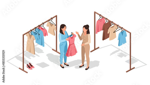 Isometric fashion shopping scene with women choosing clothes on racks