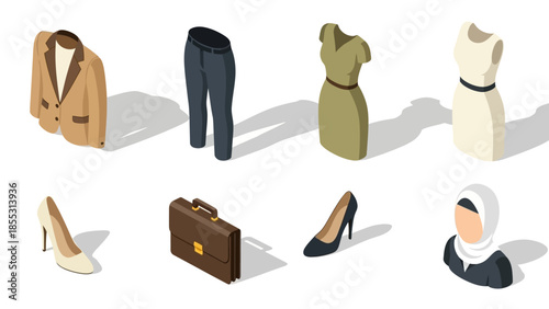Isometric fashion elements featuring clothing, shoes, and accessories for professional and casual styles