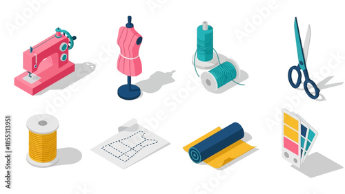 Creative sewing essentials: isometric tools and materials for fashion design