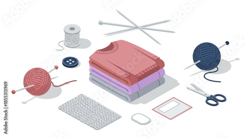 Cozy knitting essentials in isometric style