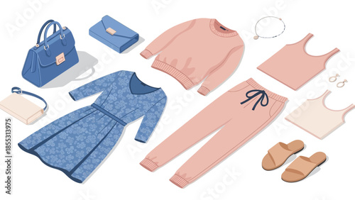 Chic women's fashion flat lay with casual outfits and accessories in pastel colors
