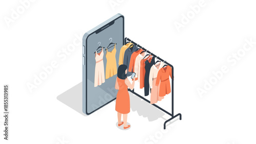Virtual wardrobe shopping experience with female avatar and fashionable dresses