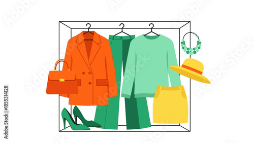 Stylish wardrobe collection featuring bold and vibrant clothing and accessories in a modern flat style