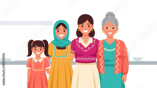 Generational bond: diverse family of four women smiling together