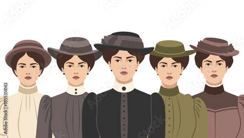 Victorian-era fashion: five women in elegant attire showcasing historic style