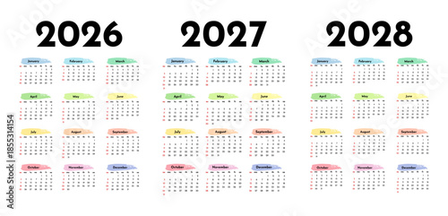 Set of calendars for 2026, 2027 and 2028 on a white background