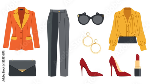 Stylish women's fashion set with blazer, trousers, and accessories in modern flat design