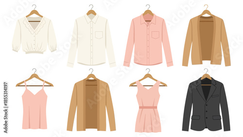Collection of stylish female outfits on hangers in flat design
