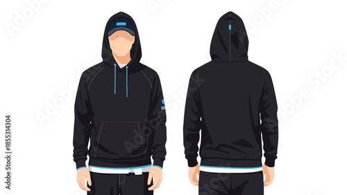 Black hoodie design with blue accents front and back view mockup
