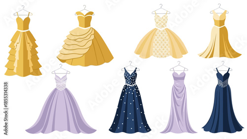 Elegant evening gowns collection hanging on hangers in flat design