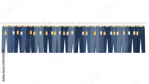 Stylish denim jeans hanging on rack display with price tags