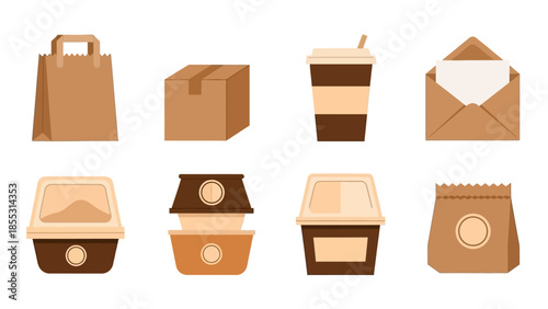 Eco friendly brown paper packaging icons in flat design style