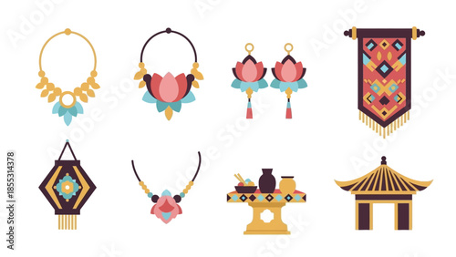 Traditional asian elements with floral jewelry and architectural icons in flat design