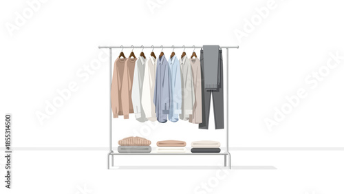 Minimalist clothing rack with neutral toned apparel and accessories on shelves