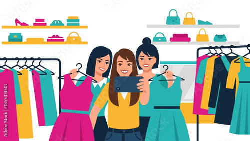 Trendy shopping adventure: friends taking selfie in fashion boutique