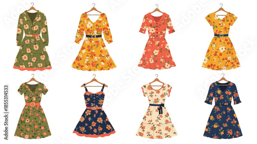 Colorful floral dresses on hangers: vintage style fashion collection