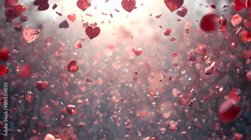Magical Valentine background with red hearts and sparkles in soft light