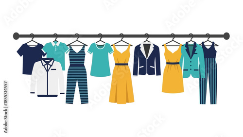 Minimalist clothing collection on hangars displaying fashion styles