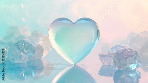 Elegant glass heart surrounded by crystal diamonds on a soft pastel background