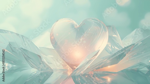 Luminous crystal heart resting on geometric ice shards in soft light