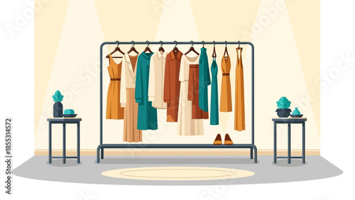 Modern fashion display with elegant dresses and accessories in a stylish boutique setting