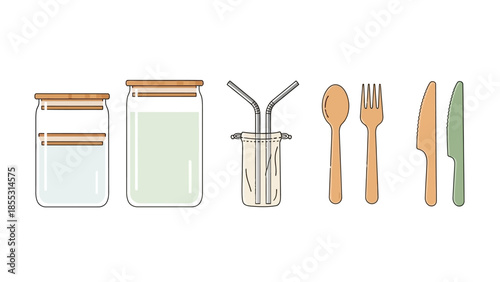 Eco-friendly kitchen essentials: glass jars, reusable straws, and bamboo cutlery set