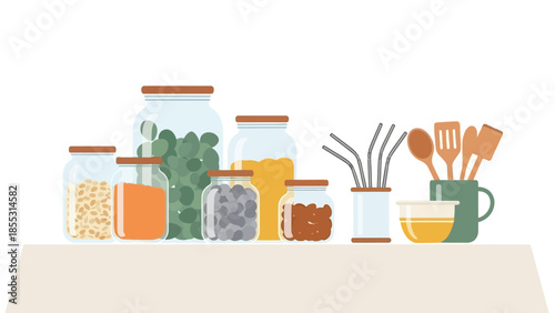 Modern kitchen shelf with jars and utensils in minimalist style