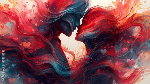 Abstract artistic illustration of two lovers kissing surrounded by swirling red waves.