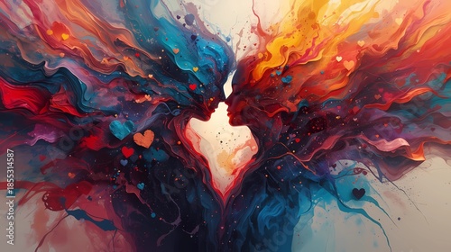 Vibrant abstract painting of two lovers silhouettes merging into a colorful heart shape