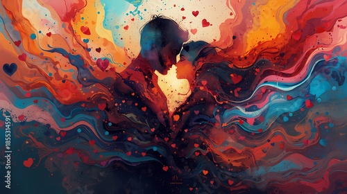 Artistic watercolor illustration of a couple in love amidst vibrant swirling waves
