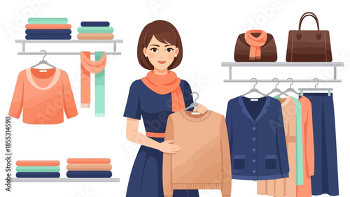 Woman shopping in chic boutique with stylish outfits and accessories on display