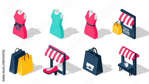 Isometric fashion retail elements: mannequins, shopping bags, storefronts, and more