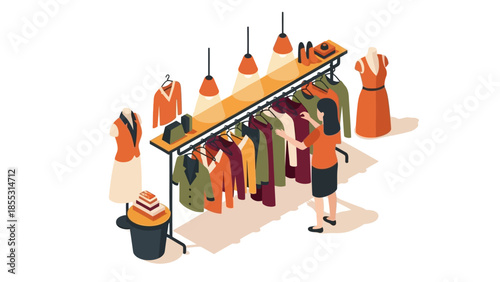 Isometric fashion boutique interior with woman shopping for clothes