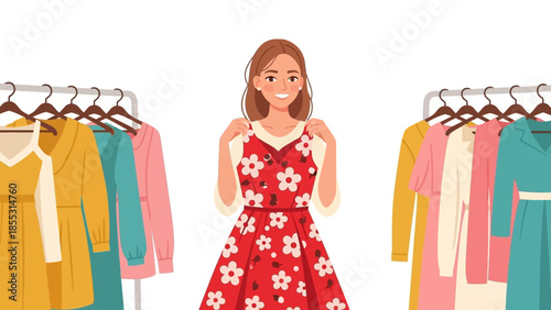 Smiling woman choosing floral dress in wardrobe