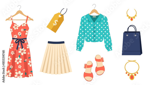 Trendy women's fashion outfit with dresses, accessories, and shoes