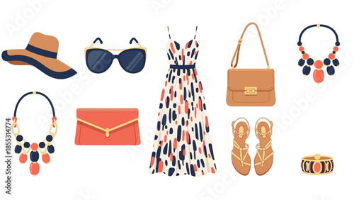 Fashion accessories and outfit collection for summer: dress, jewelry, sunglasses, and more