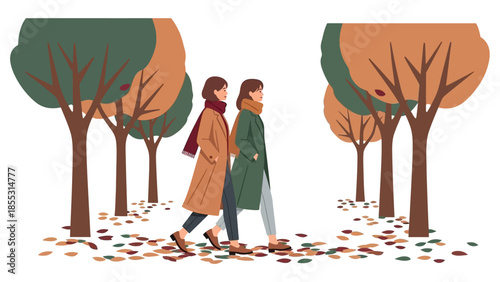 Autumn walk: two women strolling in a flat style fall forest scene