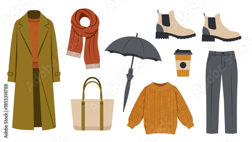 Cozy autumn fashion set with clothing and accessories illustrated in flat design