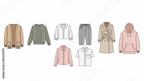 Minimalist fashion apparel collection: sweaters, jackets, and shirts