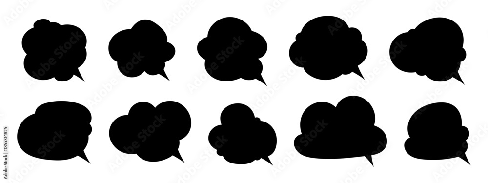 Fototapeta premium Vector speech bubble silhouettes set, black comic chat balloons collection isolated on transparent background. 