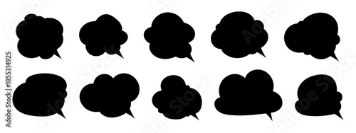 Vector speech bubble silhouettes set, black comic chat balloons collection isolated on transparent background.

